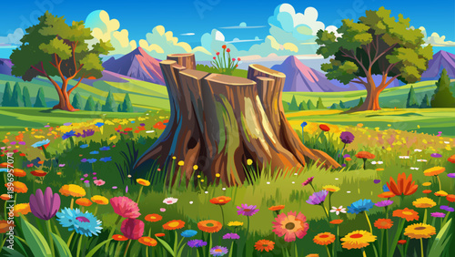 Very beautiful weathered tree stump resting in a vibrant meadow filled with colorful wildflowers, highlighting contrast between decay and new life in a peaceful natural setting.