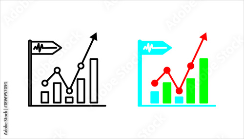 Business analytics line icon featuring bar and line charts with upward arrow. Represents financial growth, performance tracking, market analysis, and strategic planning for business and investment use