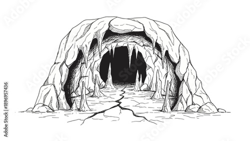 Hand-drawn Cave Entrance with Stalactites and Cracked Ground Illustration
