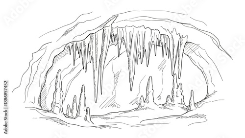 Detailed Black and White Cave Interior with Stalactites and Stalagmites