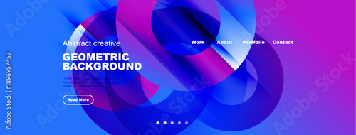 Abstract geometric background design. Vibrant blue, purple hues create modern visual experience. Text elements present information clearly.