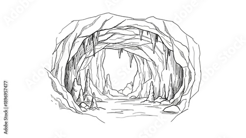 Detailed Black and White Cave Illustration with Stalactites and Stalagmites