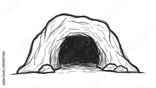 Hand-drawn Cave Entrance with Rough Texture and Dark Interior.