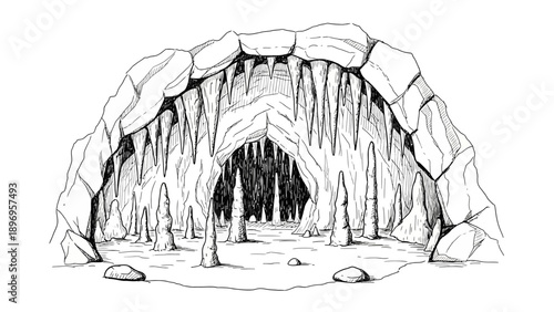 Detailed Pen and Ink Illustration of a Cave Interior with Stalactites and Stalagmites