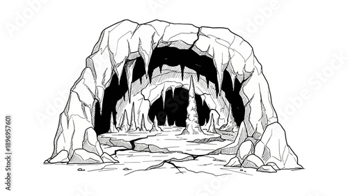 Detailed Black and White Cave Illustration with Stalactites and Cracks