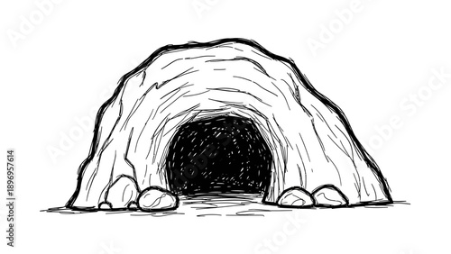 Hand-drawn Cave Entrance with Rough Texture and Dark Interior.