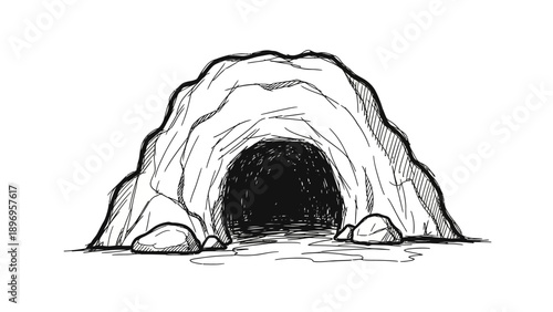 Hand-drawn Cave Entrance with Dark Interior and Rocky Exterior