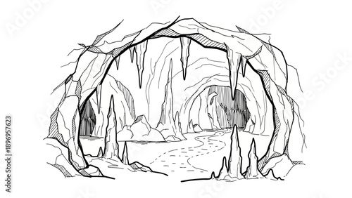 Detailed Black and White Cave Illustration with Stalactites and Stream.