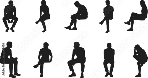 Sitting people silhouette set featuring men and women seated poses, waiting thinking resting positions, lifestyle flat vector illustration collection design
