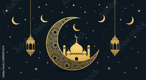Elegant golden intricate crescent moon with a mosque silhouette, illuminated lanterns, and twinkling stars on a deep blue night, celebrating Islamic traditions