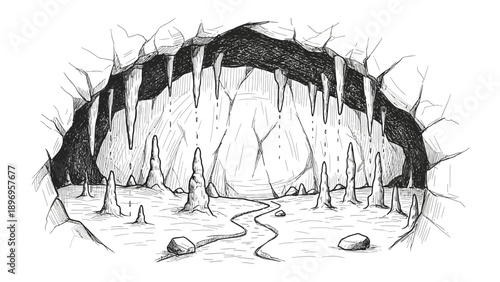Detailed Black and White Cave Illustration with Stalactites and Stalagmites.