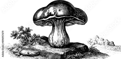 Vintage botanical engraving of earthstar fungus specimen from 19th century