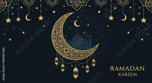 Golden crescent moon with mosque, intricate patterns, lanterns, and stars, elegant illustration for spiritual Islamic holiday greetings and celebrations