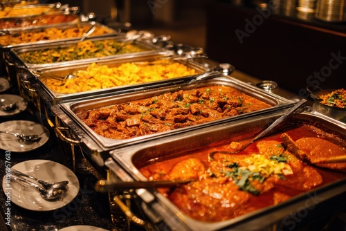 Buffet style Indian food served at a hotel wedding function featuring a variety of traditional dishes and accompaniments for guests
