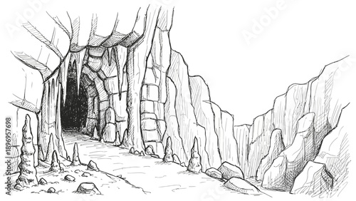 Detailed Black and White Cave Entrance with Stalactites and Pathway.