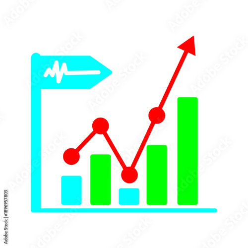 Business analytics line icon featuring bar and line charts with upward arrow. Represents financial growth, performance tracking, market analysis, and strategic planning for business and investment use