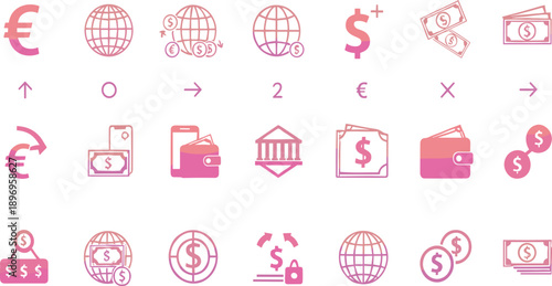 Finance and Currency Outline Icon Set Featuring Money Exchange Banking Wallet Global Economy and Payment Symbols for Fintech Designs