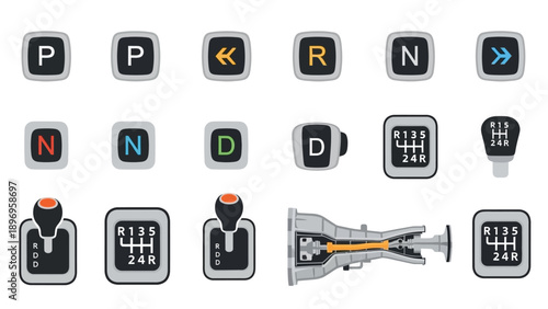 Vector Illustration of Various Car Gear Shift Symbols and Components