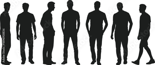 Standing men silhouettes set, casual male poses collection, modern people profiles, isolated black figures, human posture variety, flat vector illustration
