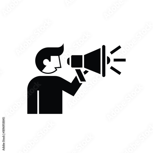 A black and white icon of a person holding a megaphone