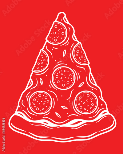 Minimalist white line art pepperoni pizza slice illustration on red background