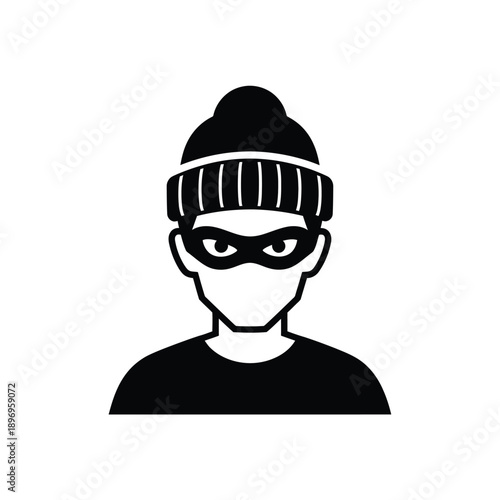 A black and white illustration of a masked person wearing a beanie