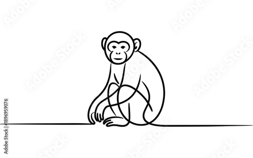 Sitting Monkey Continuous Line Art Illustration, Jungle Wildlife