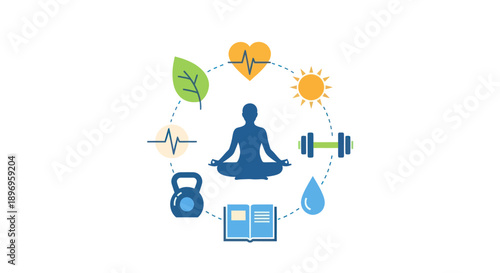 Wellness Icons: Meditating Figure Surrounded by Health and Fitness Symbols.