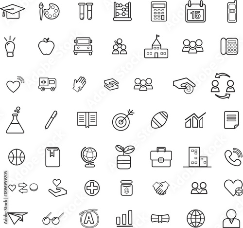 Education and Business Icons Set: Graduation Cap, Paintbrush, Beakers, Calendar, Calculator, Lightbulb, Apple, Teamwork, Building, Heart, Medical Aid, Handshake, Globe, Office Bag, Phone, Basketball