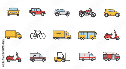 Collection of flat design vehicles and transportation icons.