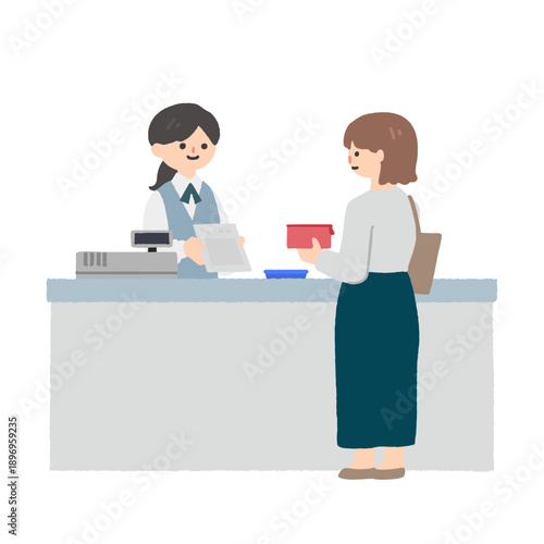 薬局や医療機関の窓口で会計や説明をするスタッフのイラスト / Pharmacy or medical reception counter with staff and patient illustration