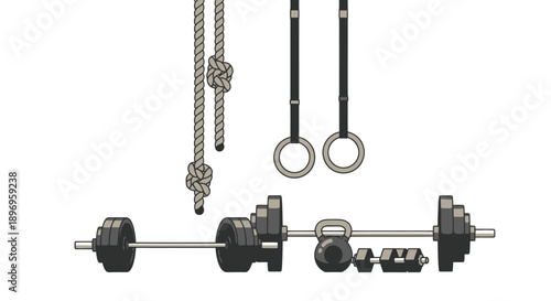 Assortment of Gym Fitness Equipment: Barbell Rings Ropes and Kettlebells.