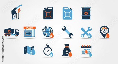 Collection of fuel and energy icons for industry and transport.