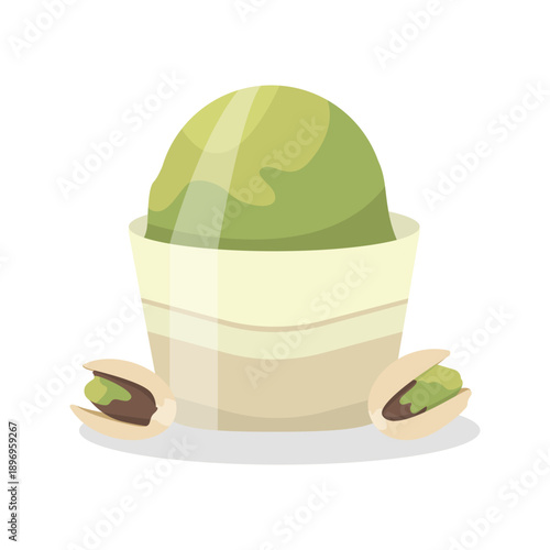 Pistachio ice cream scoop in a bowl with nuts on white background for dessert menu. vector illustration
