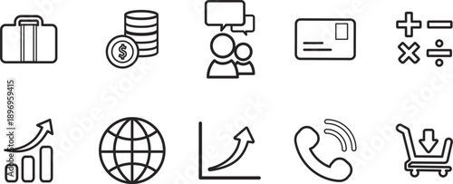 Business and Finance Icons: Briefcase, Stack of Coins, People Chatting, Credit Card, Calculator, Upward Graph, Globe, Growing Line Graph, Telephone, Shopping Cart, Percentage Symbol, Money Bag