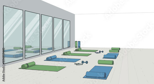 Yoga Studio Interior with Mats Mirrors and Dumbbells.