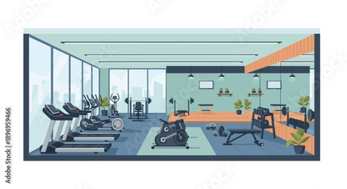 Modern Gym Interior with Exercise Equipment and Windows.