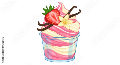 Swirled Strawberry Vanilla Soft Serve Ice Cream Cup with Toppings.