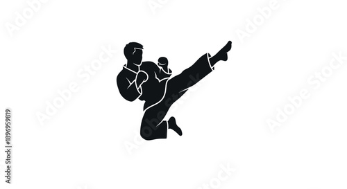 Dynamic black silhouette of martial artist executing a powerful high kick.