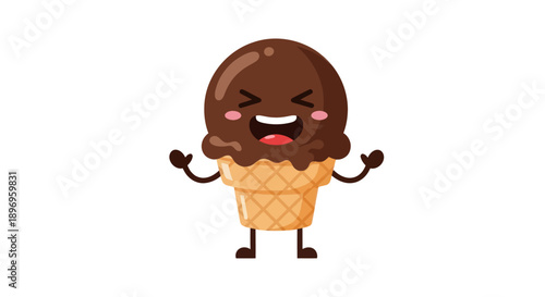 Adorable Chocolate Ice Cream Cone Character with Happy Expression.