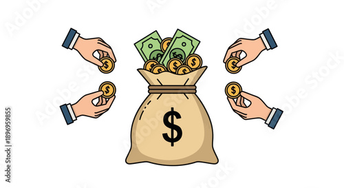 Bag of Money with Dollar Sign and Hands Adding Coins and Bills.
