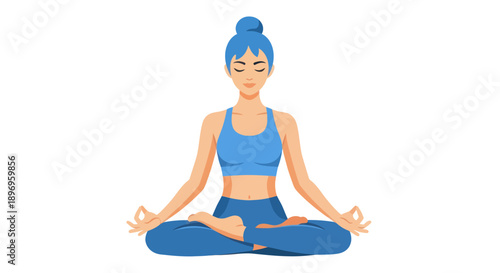 Woman in Blue Yoga Outfit Meditating in Lotus Position.