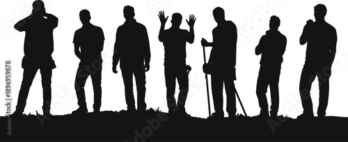 Workers silhouettes group, standing men poses, teamwork labor concept, construction crew characters isolated, flat vector illustration, design, people, profession, set