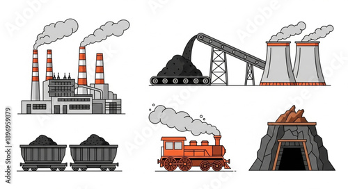 Coal mining and power generation industry illustrations.