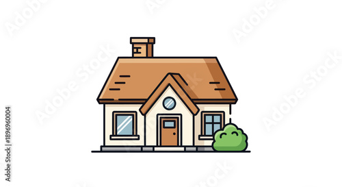Simple Cartoon House Illustration with Brown Roof and Green Bush.