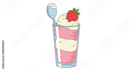 Delicious layered strawberry and vanilla ice cream sundae with spoon.