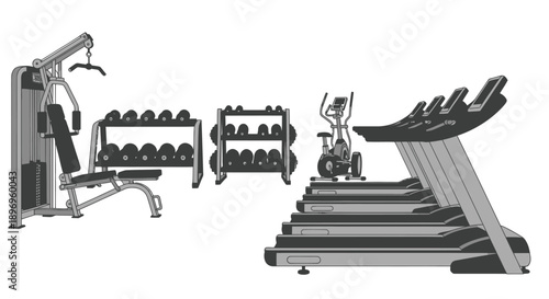 Modern Gym Equipment Collection: Treadmills Dumbbells Weight Machine Elliptical Trainer.