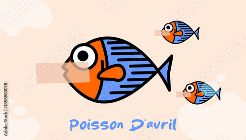 Poisson d’Avril French April Fools Concept with Three Cartoon Fish and Tape