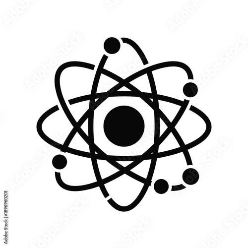 A black and white illustration of an atom with orbiting electrons and a nucleus