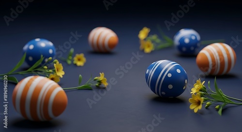Colorful easter eggs with stripes and dots surrounded by small yellow flowers on a dark blue background soft lighting serene atmosphere